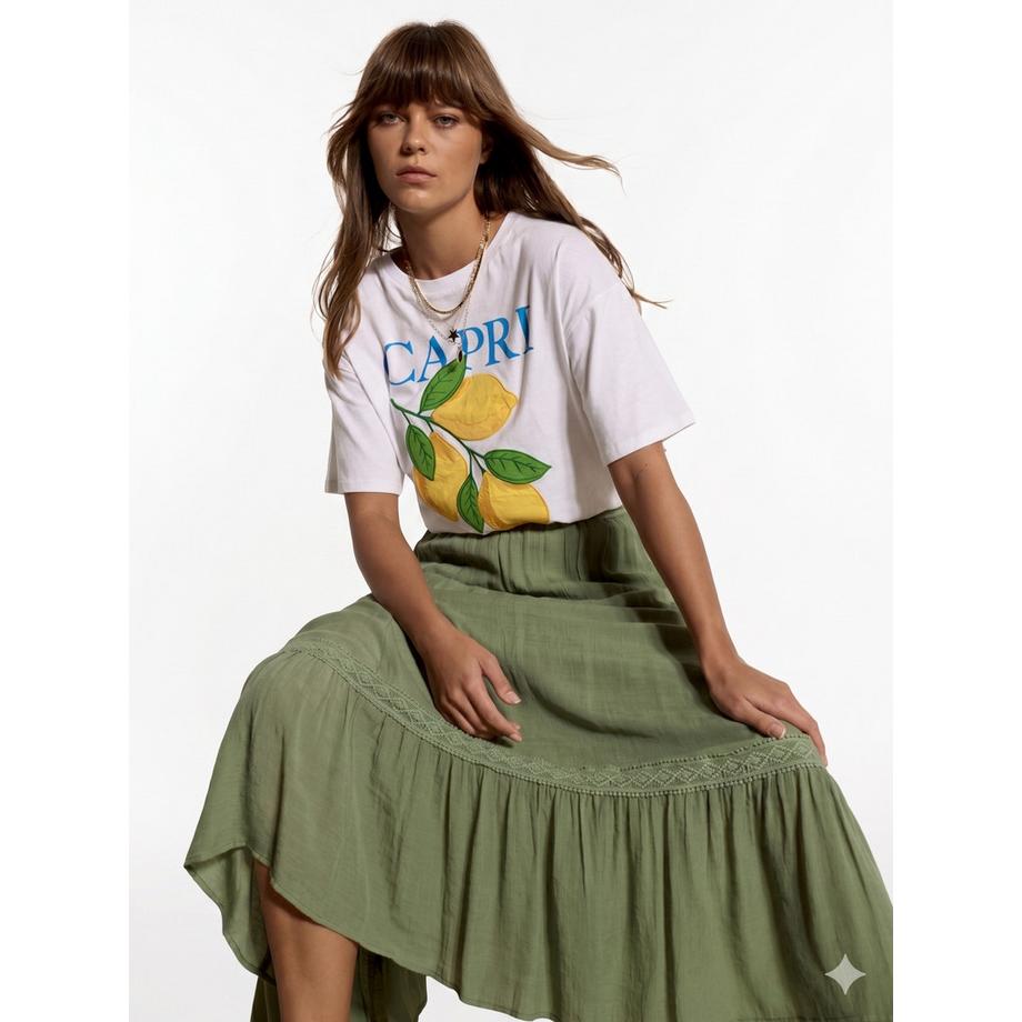 APRICOT Jupe Midi avec Empiècement en Dentelle et Ceinture  