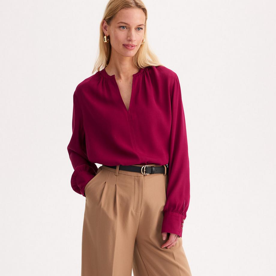 Blouse col V en crépe de viscose manches longues avec fronces