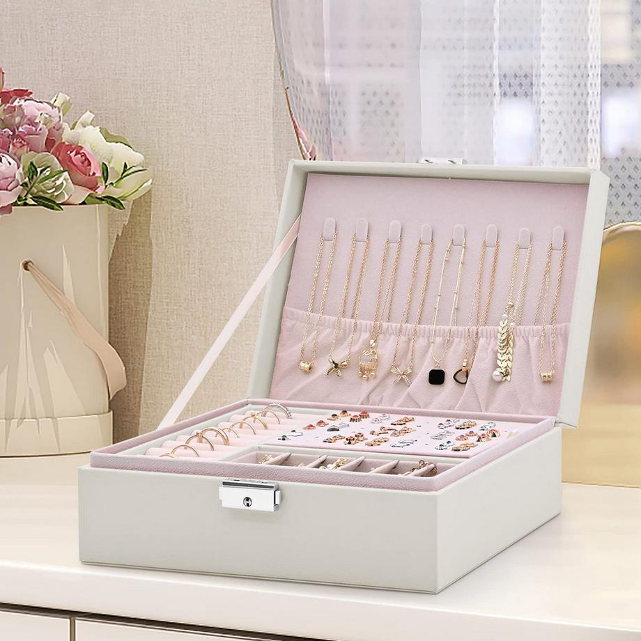 Only-bags.store  Schmuckkästchen 2 Schichten Pu-Leder-Schmuck Aufbewahrung Portable abschließbare Reise-Schmuckkästchen 