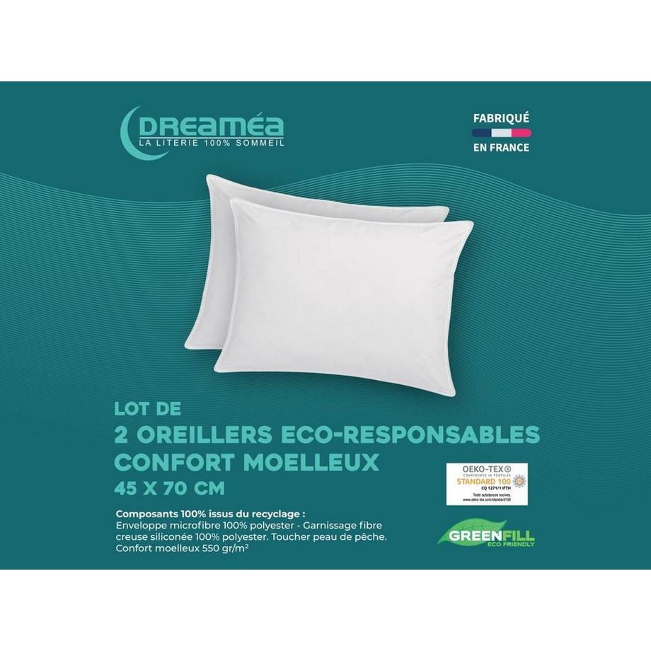 Vente-unique Lot de 2 oreillers recyclés 45 x 70 cm de DREAMEA - Enveloppe 100% microfibre - ROSA  