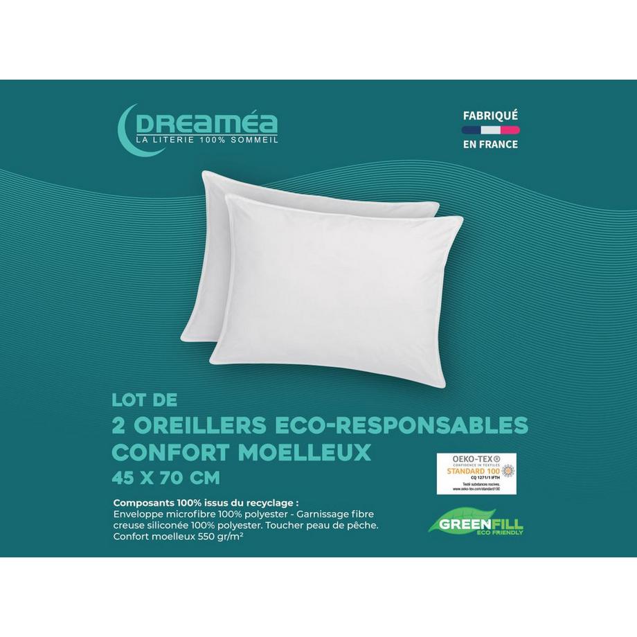 Vente-unique Lot de 2 oreillers recyclés 45 x 70 cm de DREAMEA - Enveloppe 100% microfibre - ROSA  