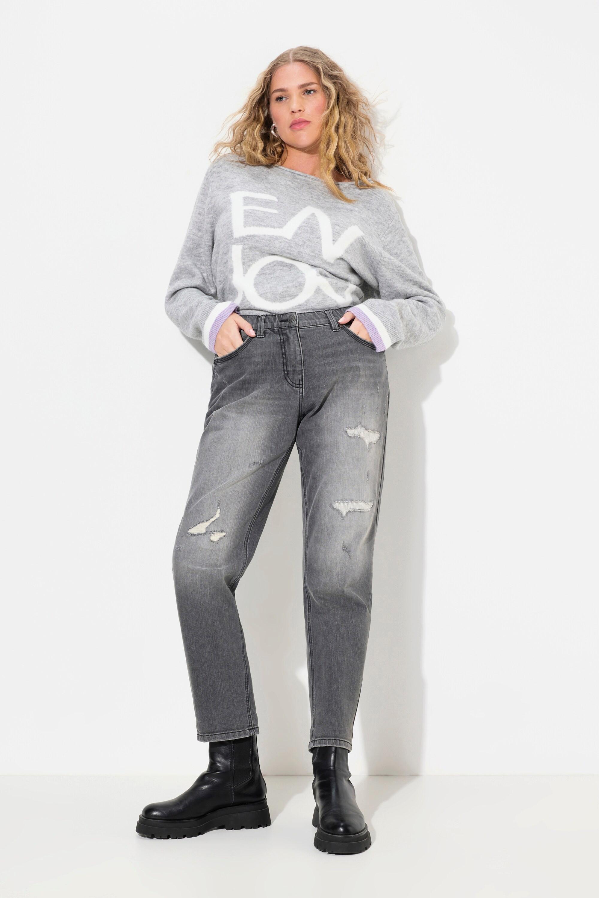 Ulla Popken  Jean Boyfriend en tissu stretch, détails destroy, coupe 5 poches 