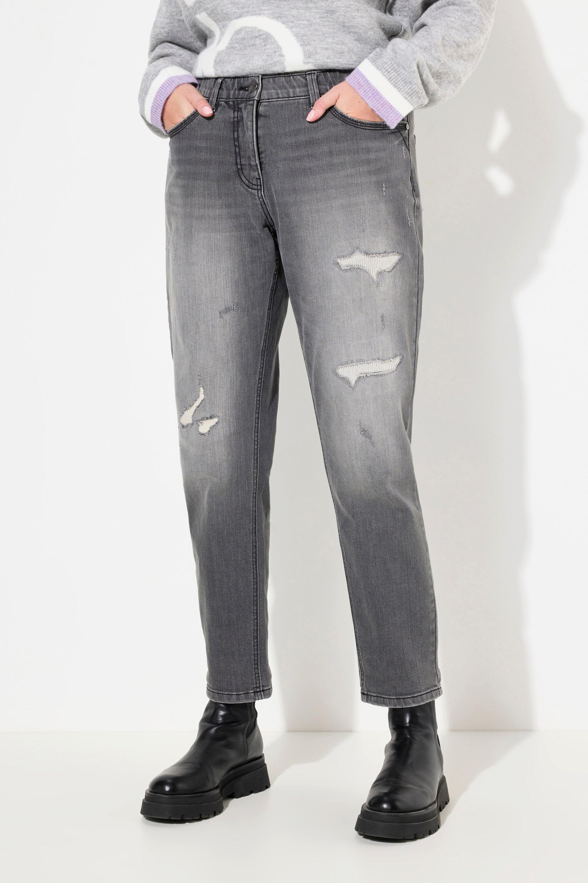 Ulla Popken  Jean Boyfriend en tissu stretch, détails destroy, coupe 5 poches 