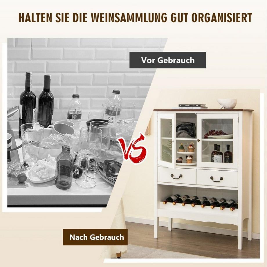 Northix  Weinschrank aus Kiefernholz mit 2 Türen & 2 Schubladen & offenes Weinregal Kippsicherung 