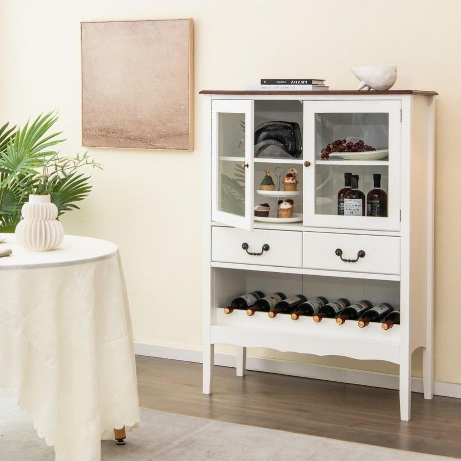 Northix  Weinschrank aus Kiefernholz mit 2 Türen & 2 Schubladen & offenes Weinregal Kippsicherung 
