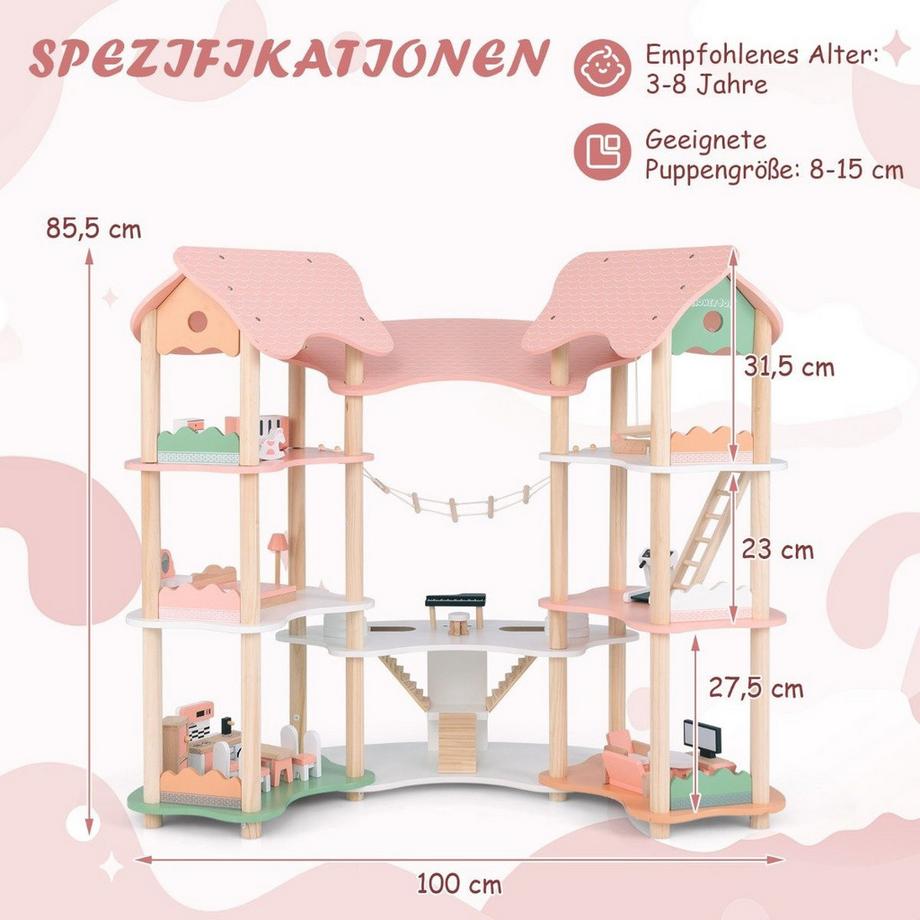 B2X Maison de poupée en bois pour enfants avec 32 accessoires de meubles et toits réalistes, maison de rêve DIY  