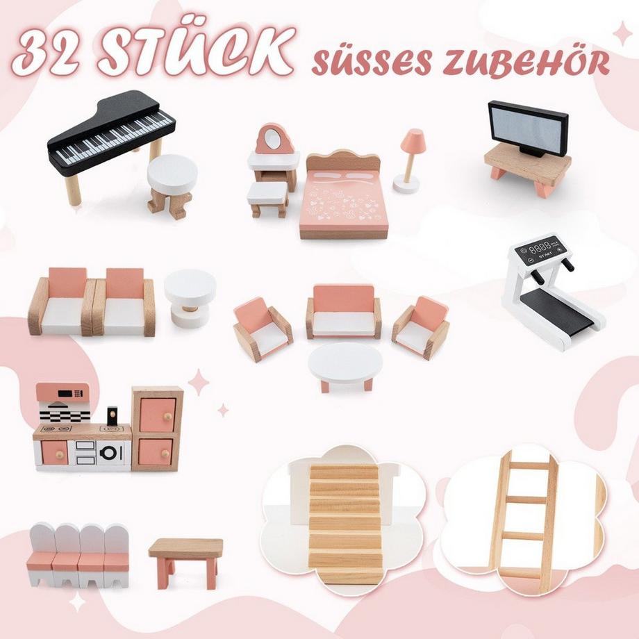 B2X Maison de poupée en bois pour enfants avec 32 accessoires de meubles et toits réalistes, maison de rêve DIY  
