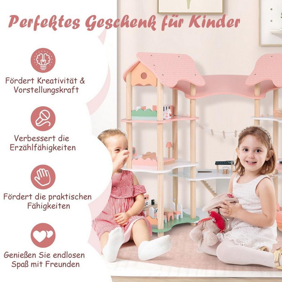 B2X Maison de poupée en bois pour enfants avec 32 accessoires de meubles et toits réalistes, maison de rêve DIY  