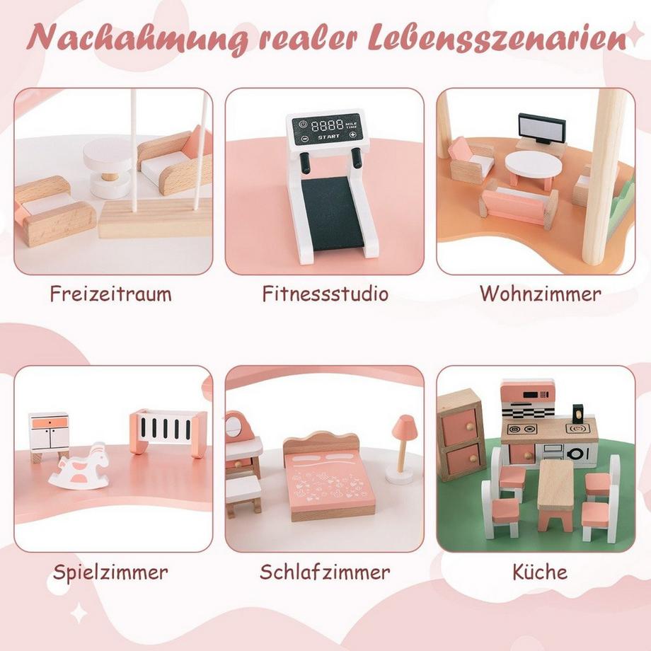 B2X Maison de poupée en bois pour enfants avec 32 accessoires de meubles et toits réalistes, maison de rêve DIY  