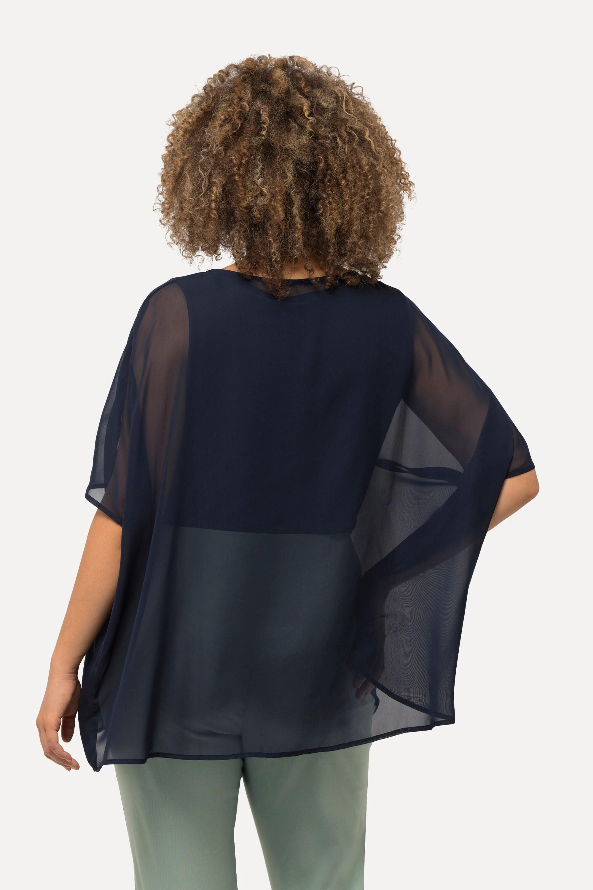 Ulla Popken  Blusa di chiffon dal taglio oversize con scollo rotondo e mezze maniche 