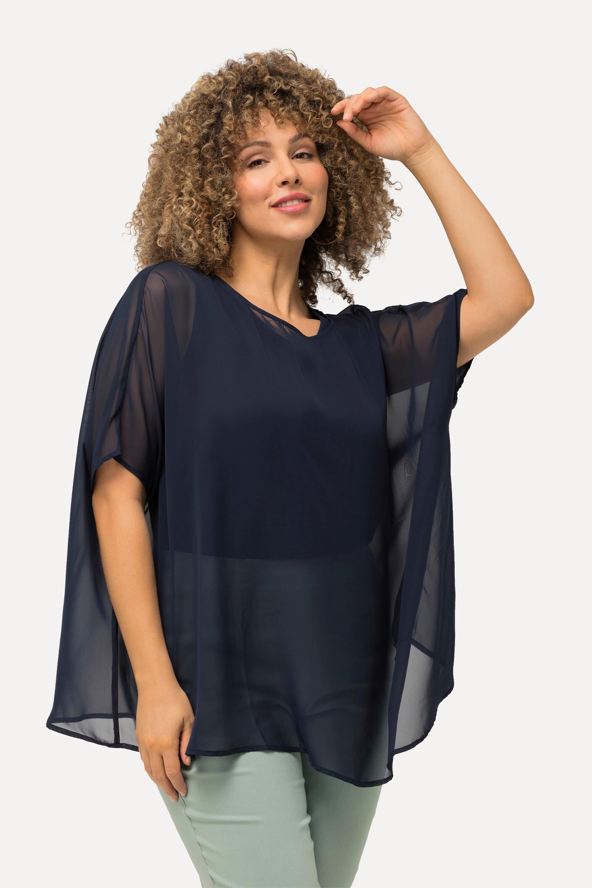 Ulla Popken  Blusa di chiffon dal taglio oversize con scollo rotondo e mezze maniche 