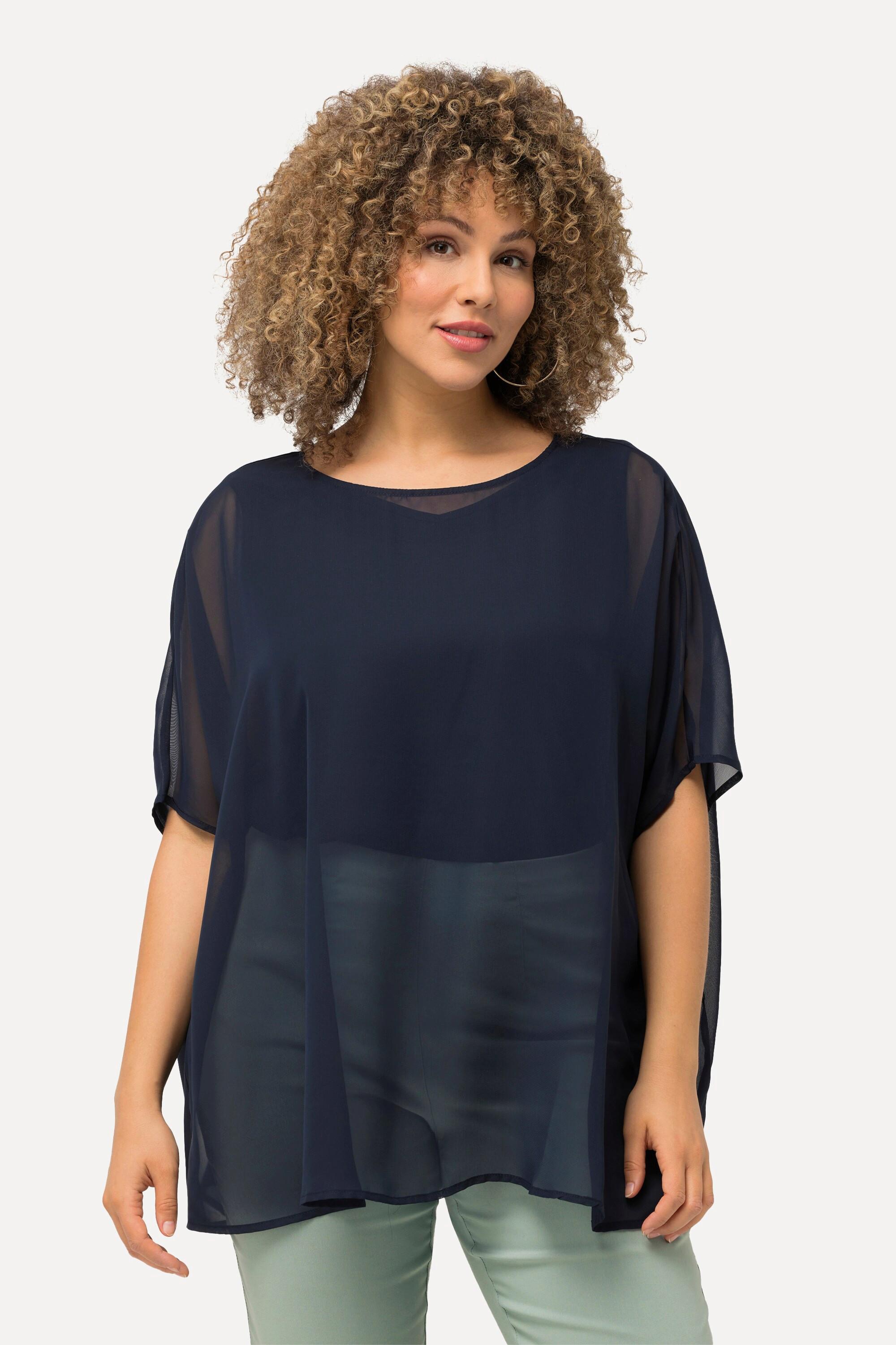 Ulla Popken  Blusa di chiffon dal taglio oversize con scollo rotondo e mezze maniche 