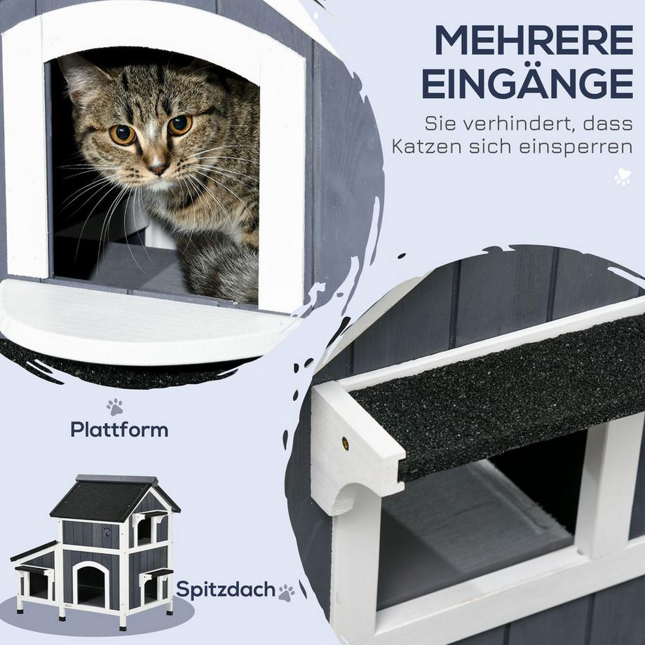 Northio  Katzenhaus, Tannenholz, Katzenhütte Mit Mehreren Eingängen, 2 Etagen, Katzenhöhle Für Draußen, Kleintierhaus Mit Asphaltadach 