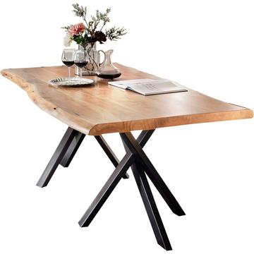 Table 200x100 cm - acacia naturel - acier noir - avec bordure d'arbre