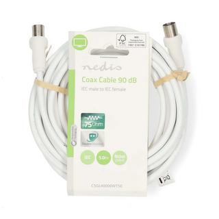 Nedis  Câble coaxial | IEC (Coax) mâle | IEC (Coax) femelle | Nickelé | 90 dB | 75 Ohm | Double blindage | 5.00 m | Rond | PVC | Blanc | Etiquette 