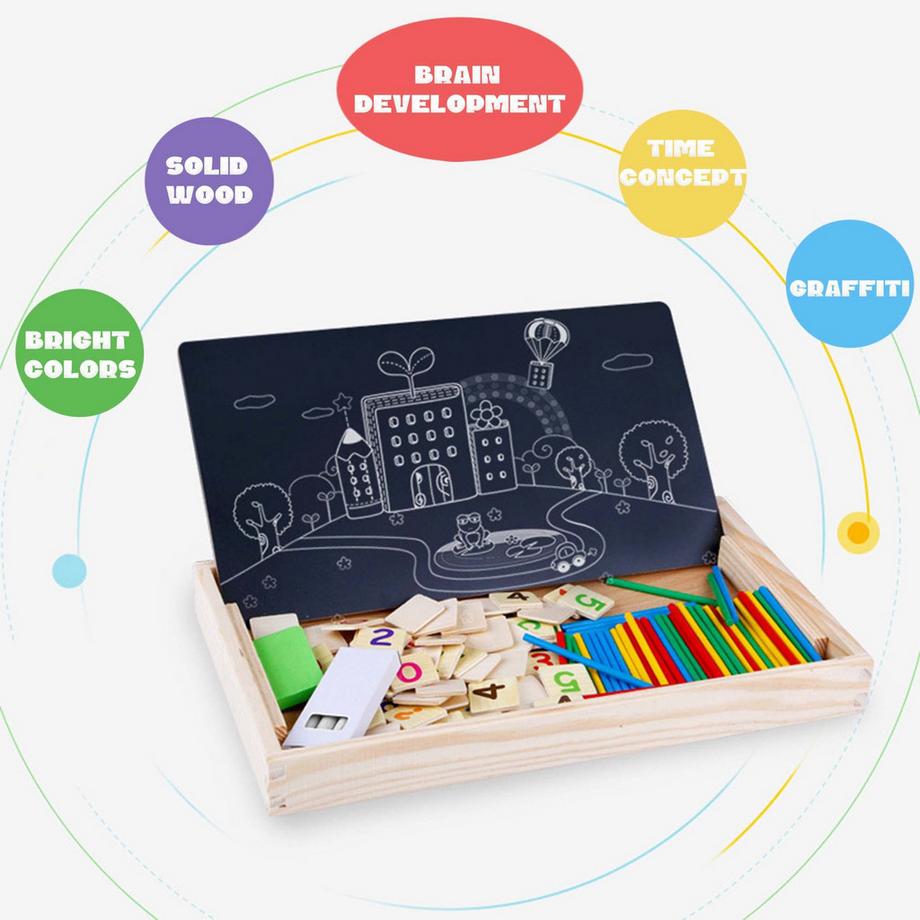 Activity-board  Jouet mathématique, boîte d'apprentissage en bois multifonctionnelle : Apprendre les chiffres avec les bâtonnets d'arithmétique, dessiner, apprendre à connaître l'horloge 