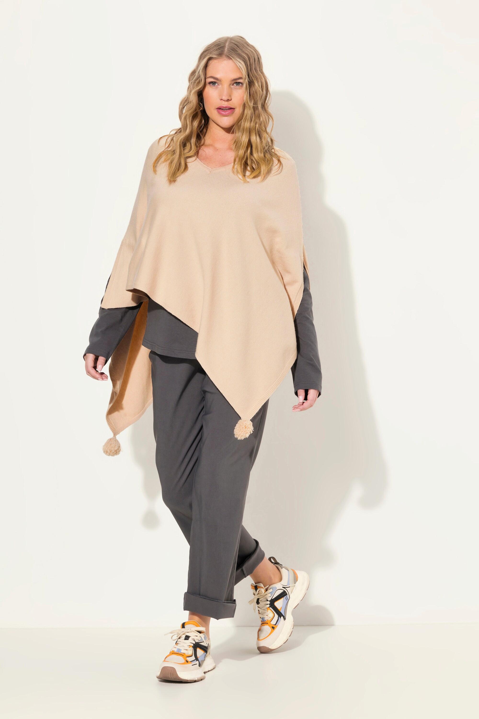 Ulla Popken  Poncho en maille, finition en pointe, pompon, col en V, sans manches 