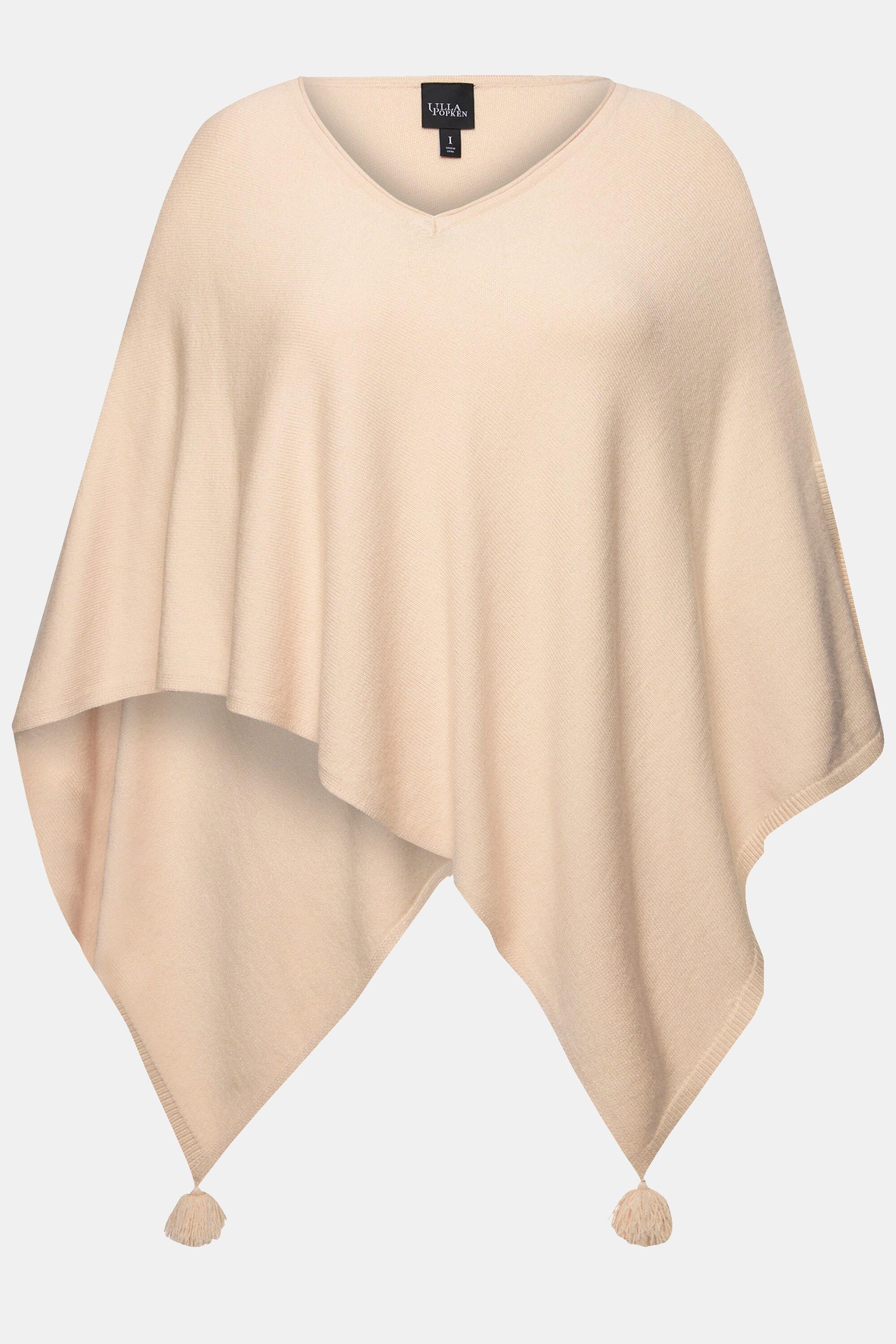 Ulla Popken  Poncho en maille, finition en pointe, pompon, col en V, sans manches 