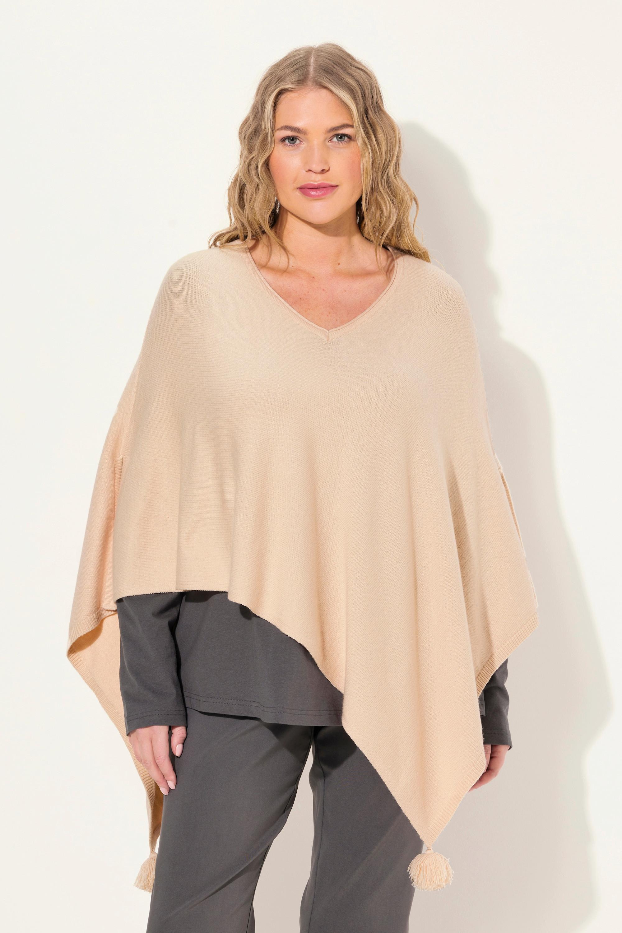 Ulla Popken  Poncho en maille, finition en pointe, pompon, col en V, sans manches 