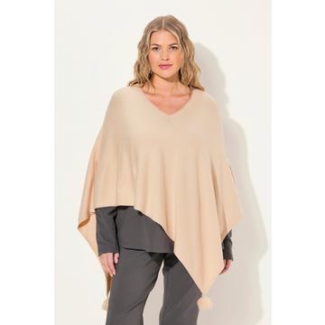 Poncho en maille, finition en pointe, pompon, col en V, sans manches