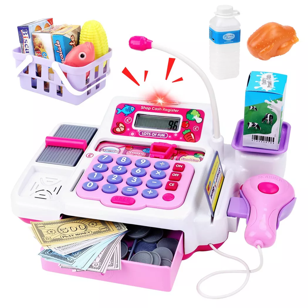 Activity-board - Supermarkt mit Registrierkasse, Scanner, Kreditkartenattrappe, Spielzeuglebensmitteln und Einkaufskorb, One Size, Fucsia