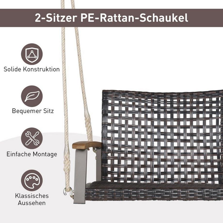 Northix Schaukelbank für Draußen Hängebank aus PE-Rattan mit 2 Seilen 131 x 68 x 54 cm  