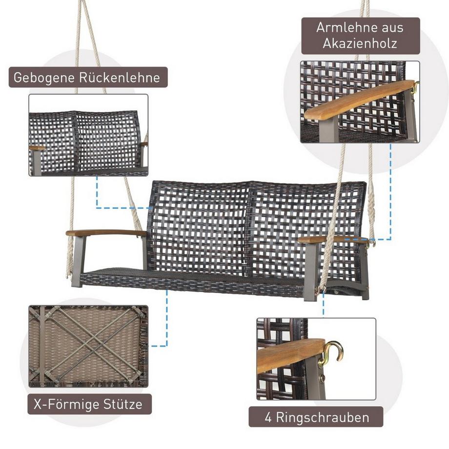 Northix Schaukelbank für Draußen Hängebank aus PE-Rattan mit 2 Seilen 131 x 68 x 54 cm  