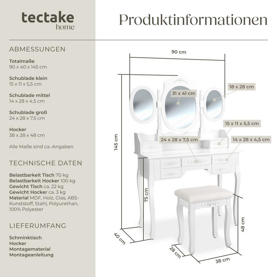 Tectake  Coiffeuse table de maquillage  au look antique, avec tabouret rembourré 