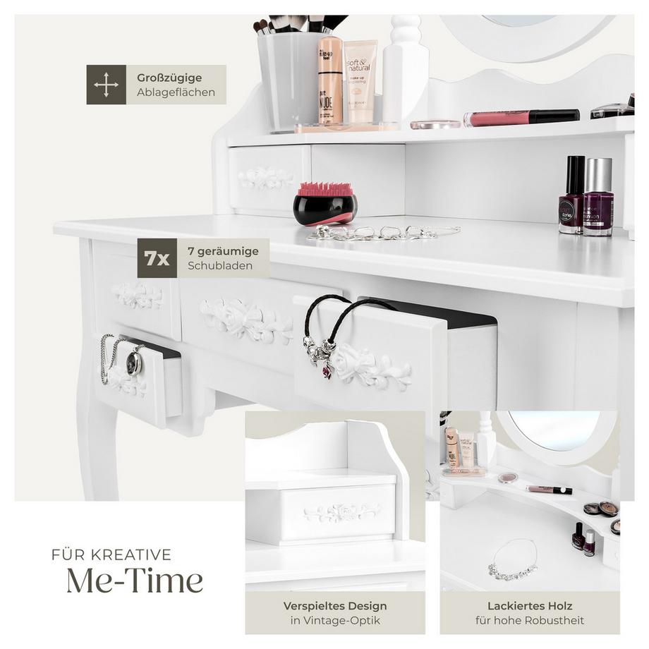 Tectake  Coiffeuse table de maquillage  au look antique, avec tabouret rembourré 