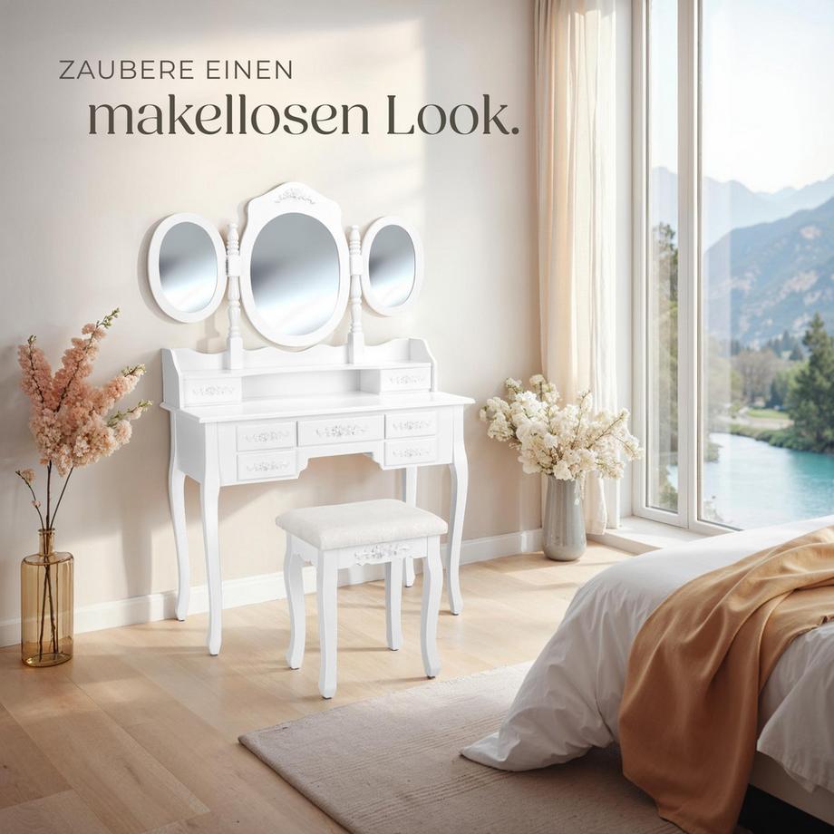 Tectake  Coiffeuse table de maquillage  au look antique, avec tabouret rembourré 