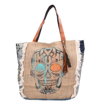 Shultertasche Genuine leather + jeans and canvas women's shoulder tote bag. Product entirely built with recovery and/or recycled materials.