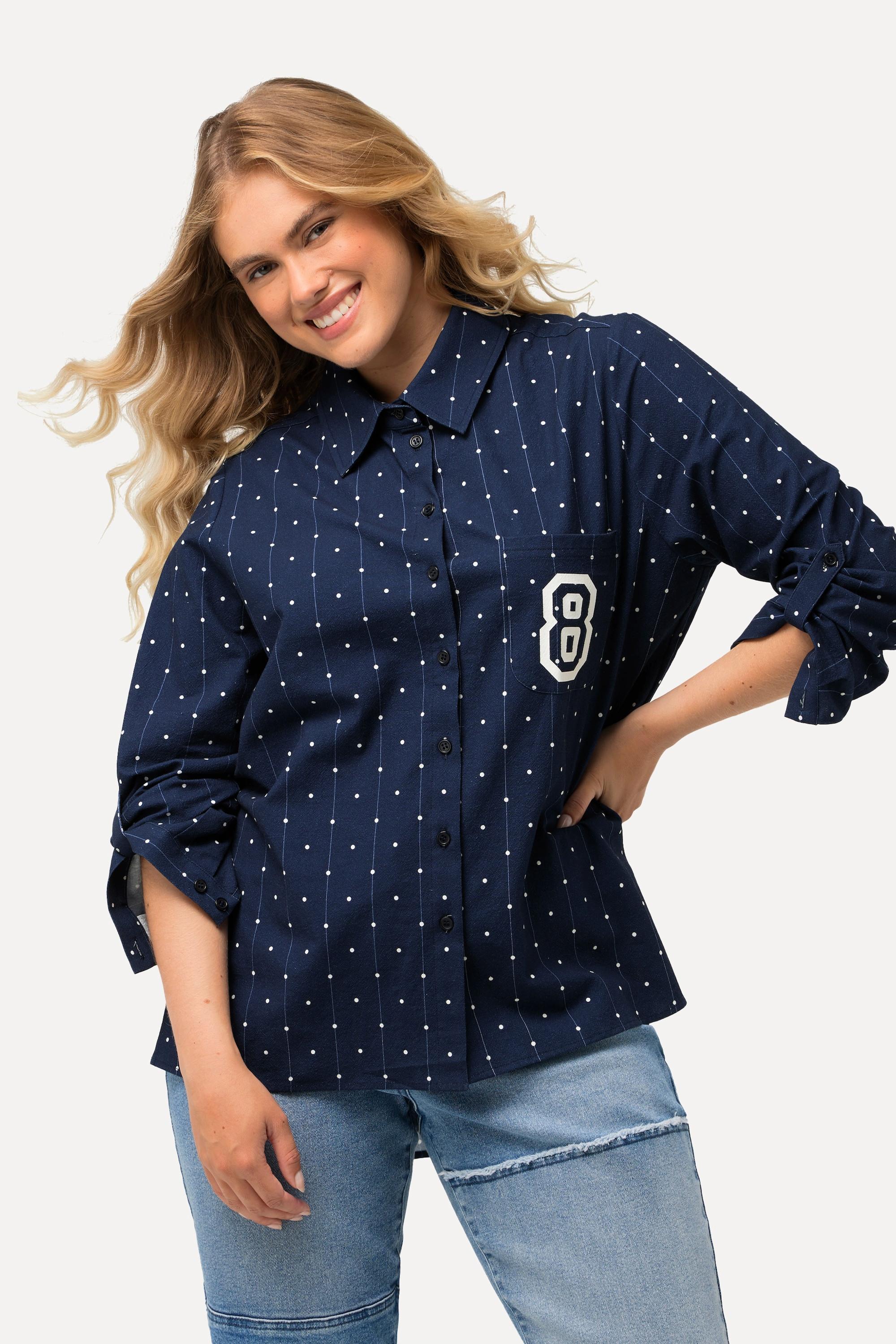 Ulla Popken  Camicia con pallini, collo da camicia, maniche lunghe e retro più lungo 