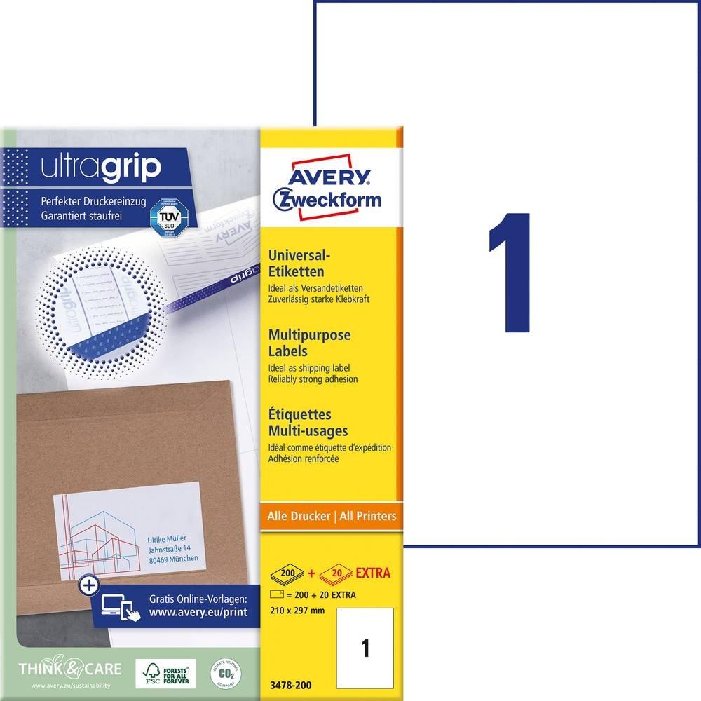 Avery-Zweckform Avery Zweckform Universal-Etiketten, A4 mit ultragrip, 210 x 297 mm, 220 Bogen/220 Etiketten  