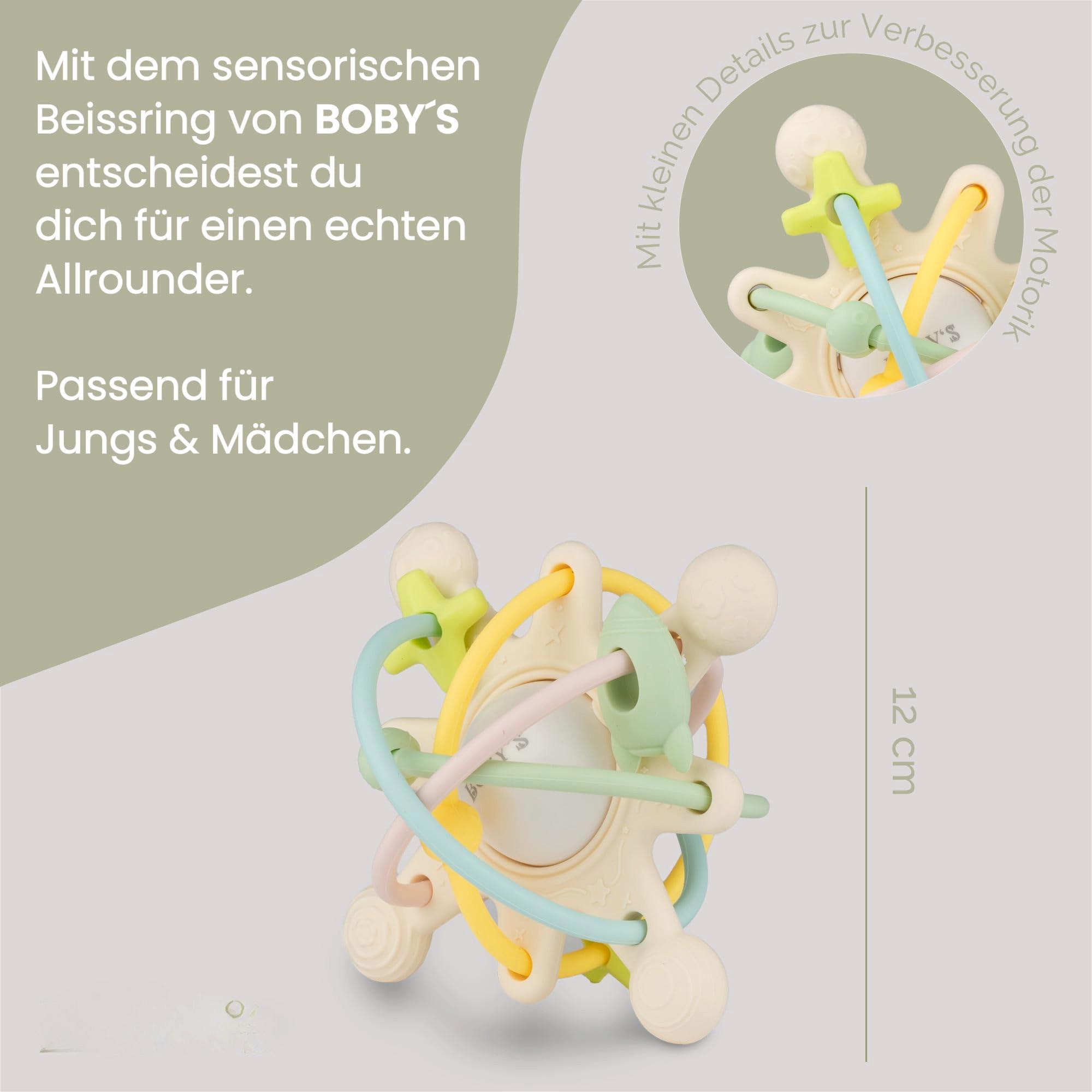 Activity-board  Sensorischer Baby-Beißring/Motorikspielzeug aus BPA-freiem Silikon/Beißhilfe für Baby und Rassel in einem 