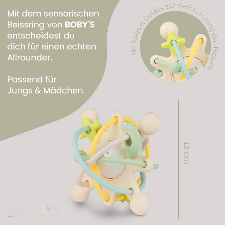 Activity-board  Sensorischer Baby-Beißring/Motorikspielzeug aus BPA-freiem Silikon/Beißhilfe für Baby und Rassel in einem 