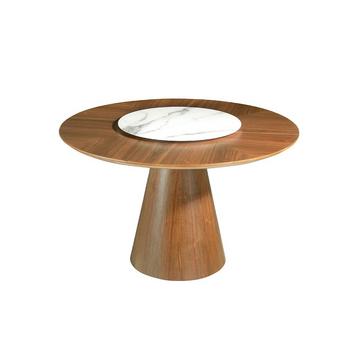 Tavolo da pranzo rotondo in legno di noce e piatto girevole in porcellana