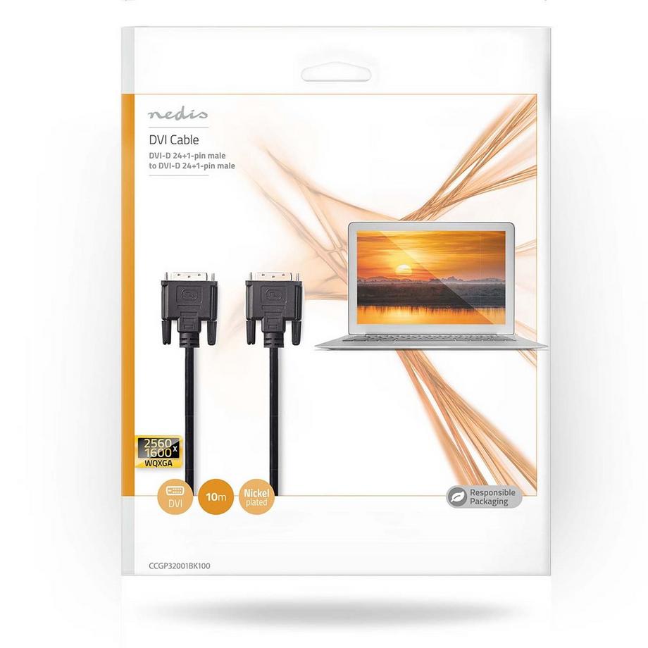Nedis  DVI-Kabel | DVI-D 24+1-Pin Stecker | DVI-D 24+1-Pin Stecker | 2560x1600 | Vernickelt | 10,0 m | Gerade | PVC | Schwarz | Kunststoffbeutel 
