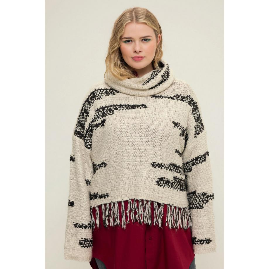 Studio Untold Oversized Jacquard Strick Rollkragenpullover mit Fransensaum  