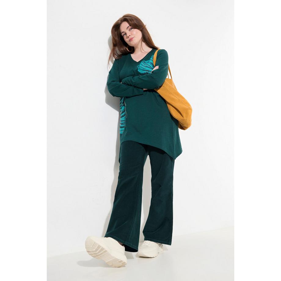 Ulla Popken T-shirt long Feuilles Col V Manches Longues Coton Bio  