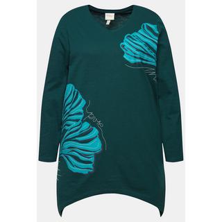 Ulla Popken  T-shirt long en coton bio, col en V et manches longues, motif feuilles 