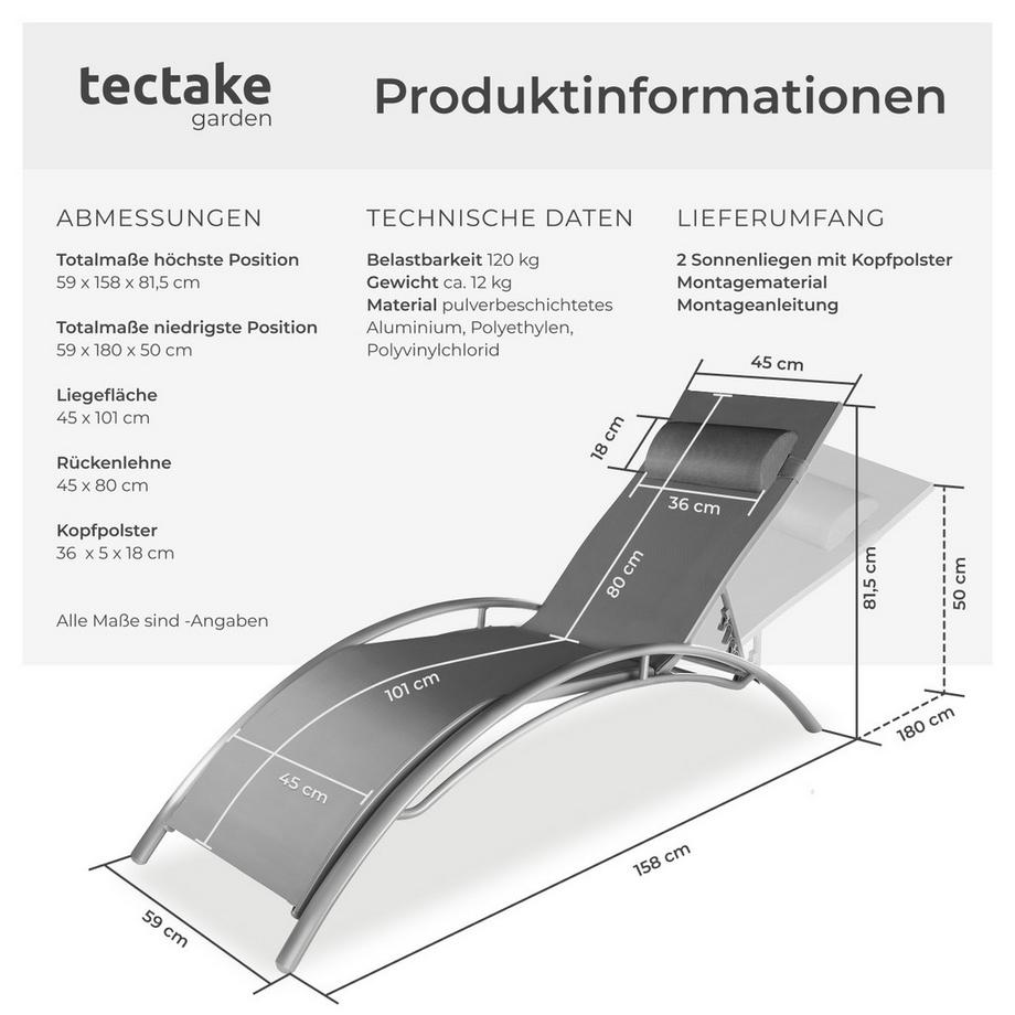 Tectake Lot de 2 transats de jardin en acier ALINA avec assise en textilène  