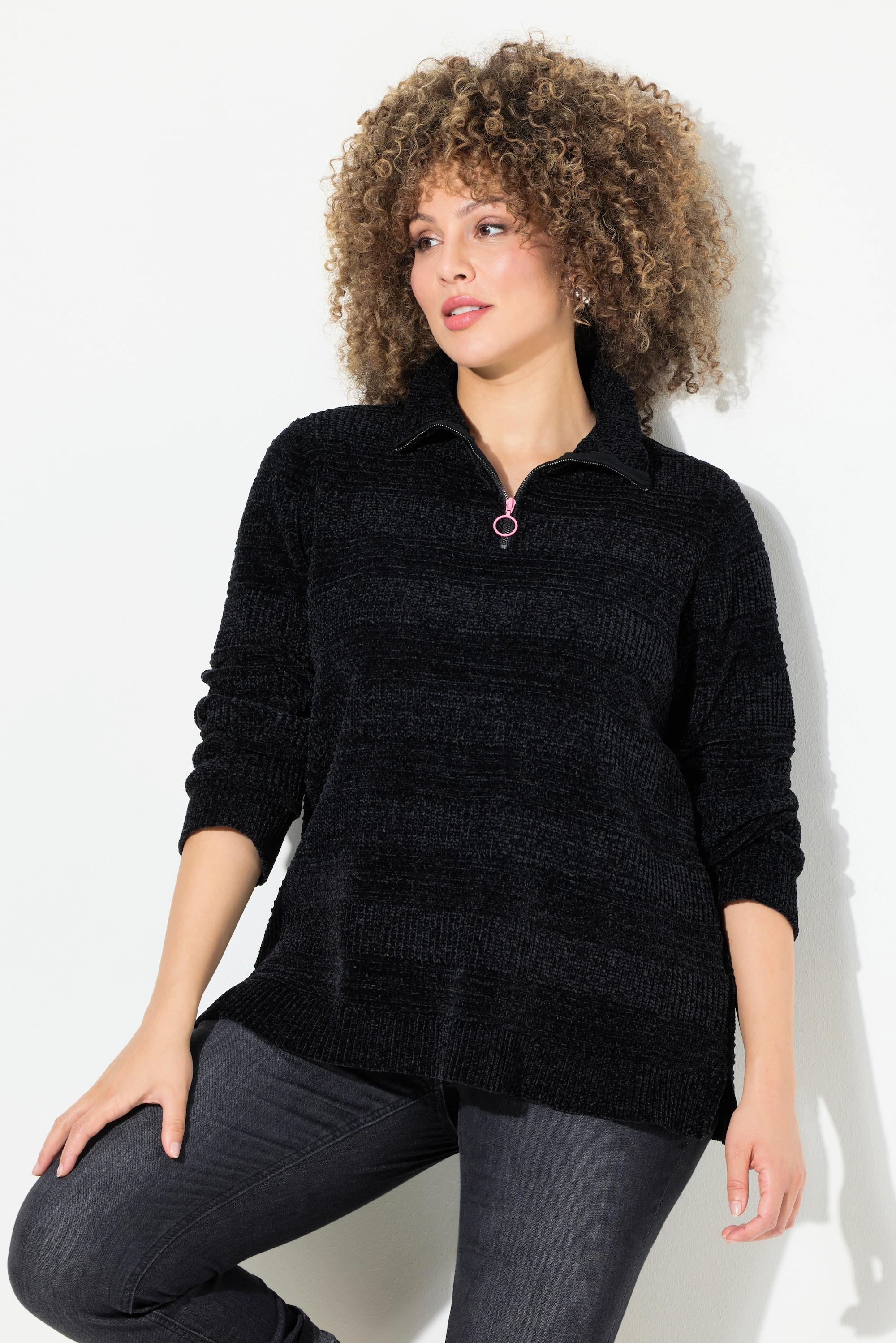 Ulla Popken  Troyer-Pullover, Chenille, Stehkragen, Langarm 