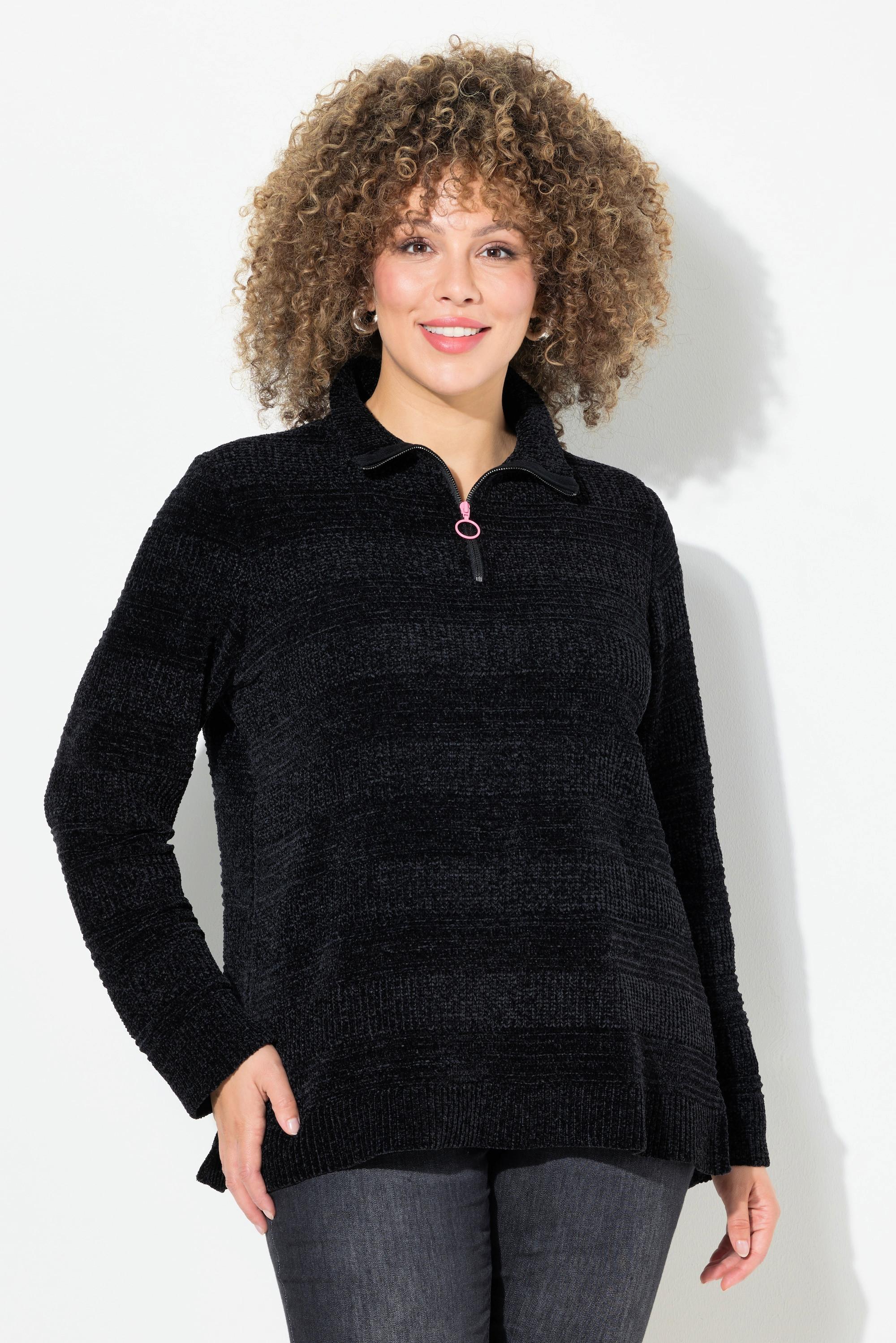 Ulla Popken  Troyer-Pullover, Chenille, Stehkragen, Langarm 