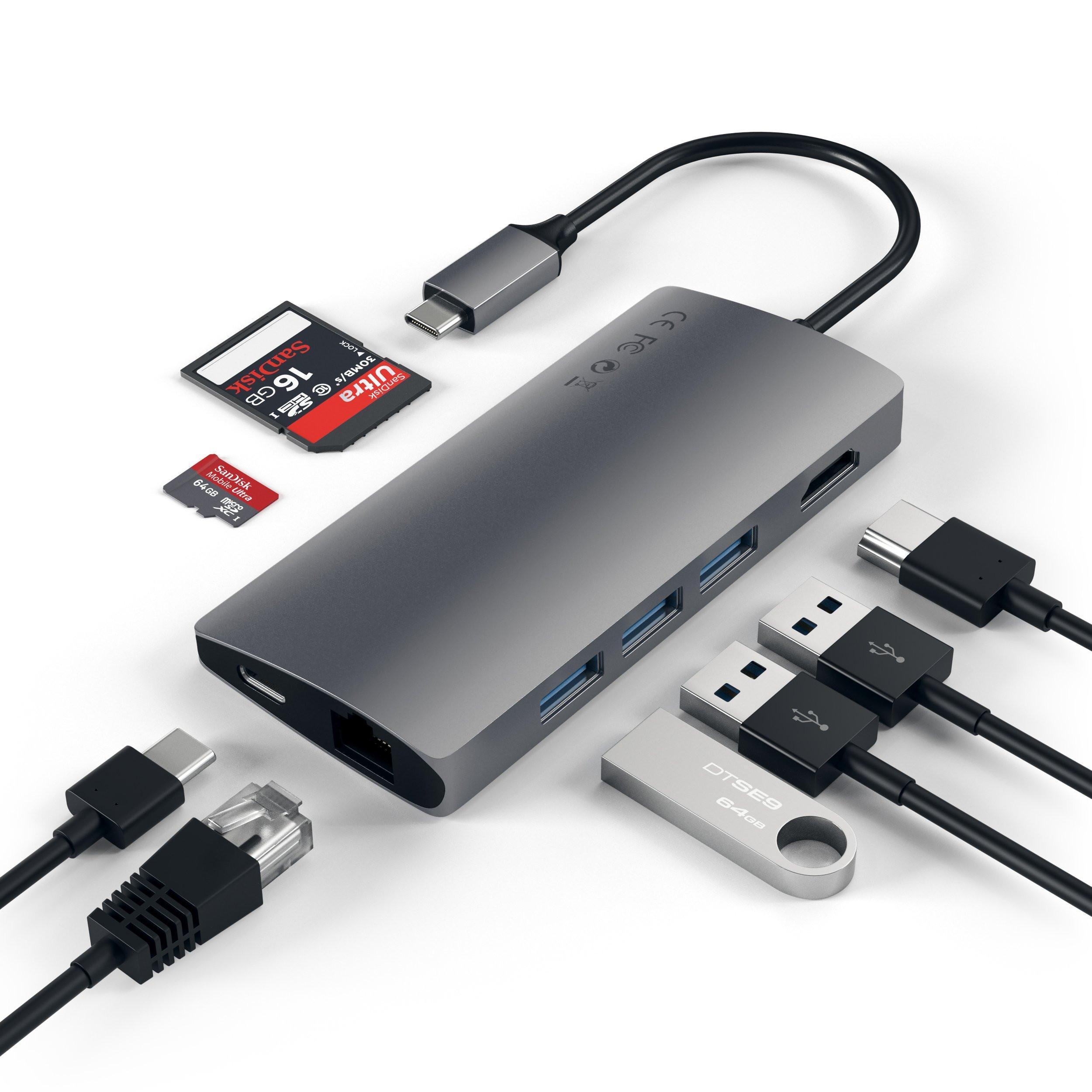SATECHI  USB-C Adattatore Multiporta in alluminio V2 con Ethernet, funzione di ricarica, 4K HDMI, 3 porte USB-A e slot SD e Micro SD in design moderno 