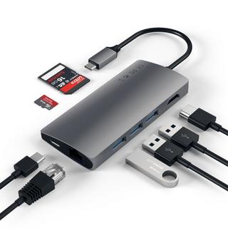 SATECHI  USB-C Adattatore Multiporta in alluminio V2 con Ethernet, funzione di ricarica, 4K HDMI, 3 porte USB-A e slot SD e Micro SD in design moderno 