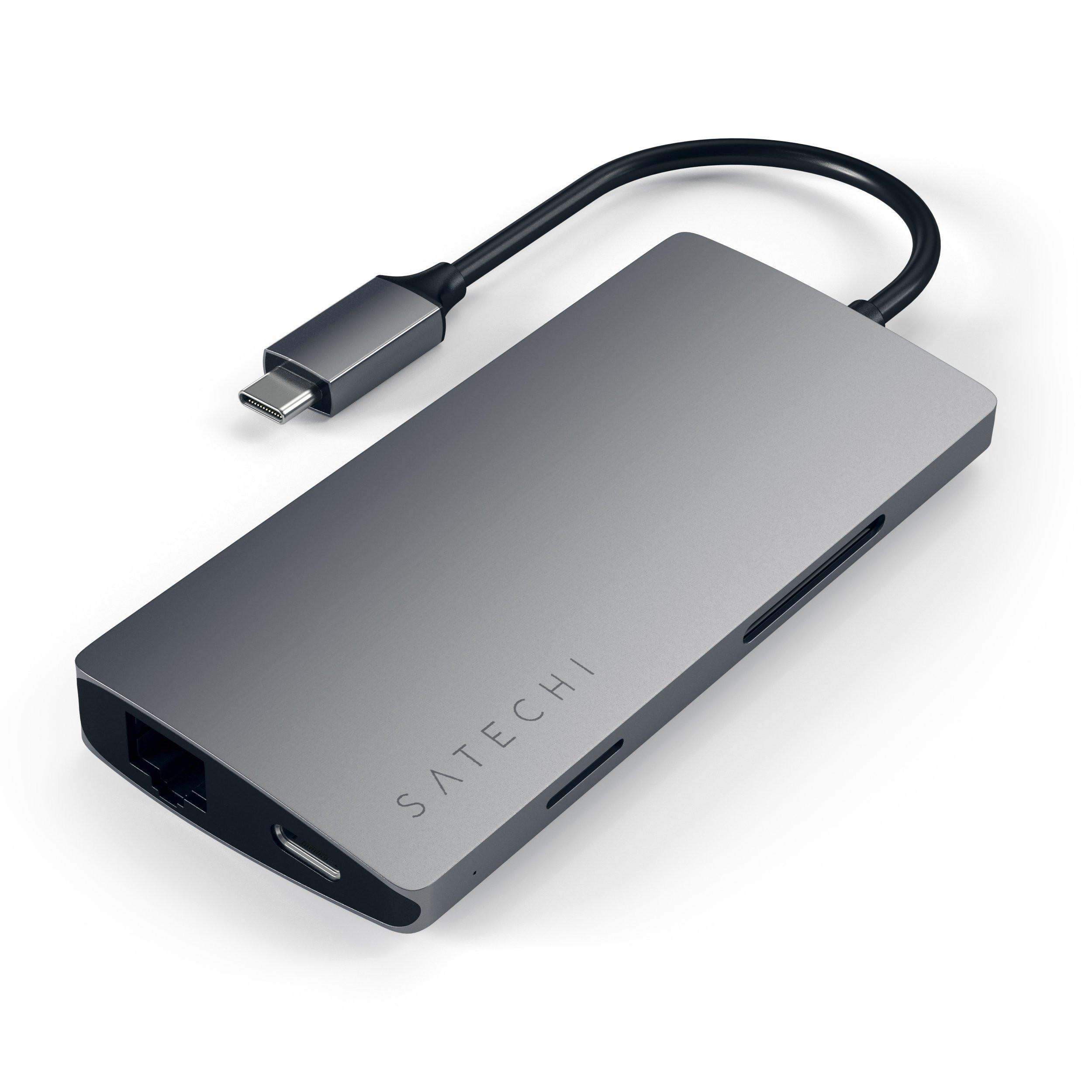 SATECHI  USB-C Adattatore Multiporta in alluminio V2 con Ethernet, funzione di ricarica, 4K HDMI, 3 porte USB-A e slot SD e Micro SD in design moderno 