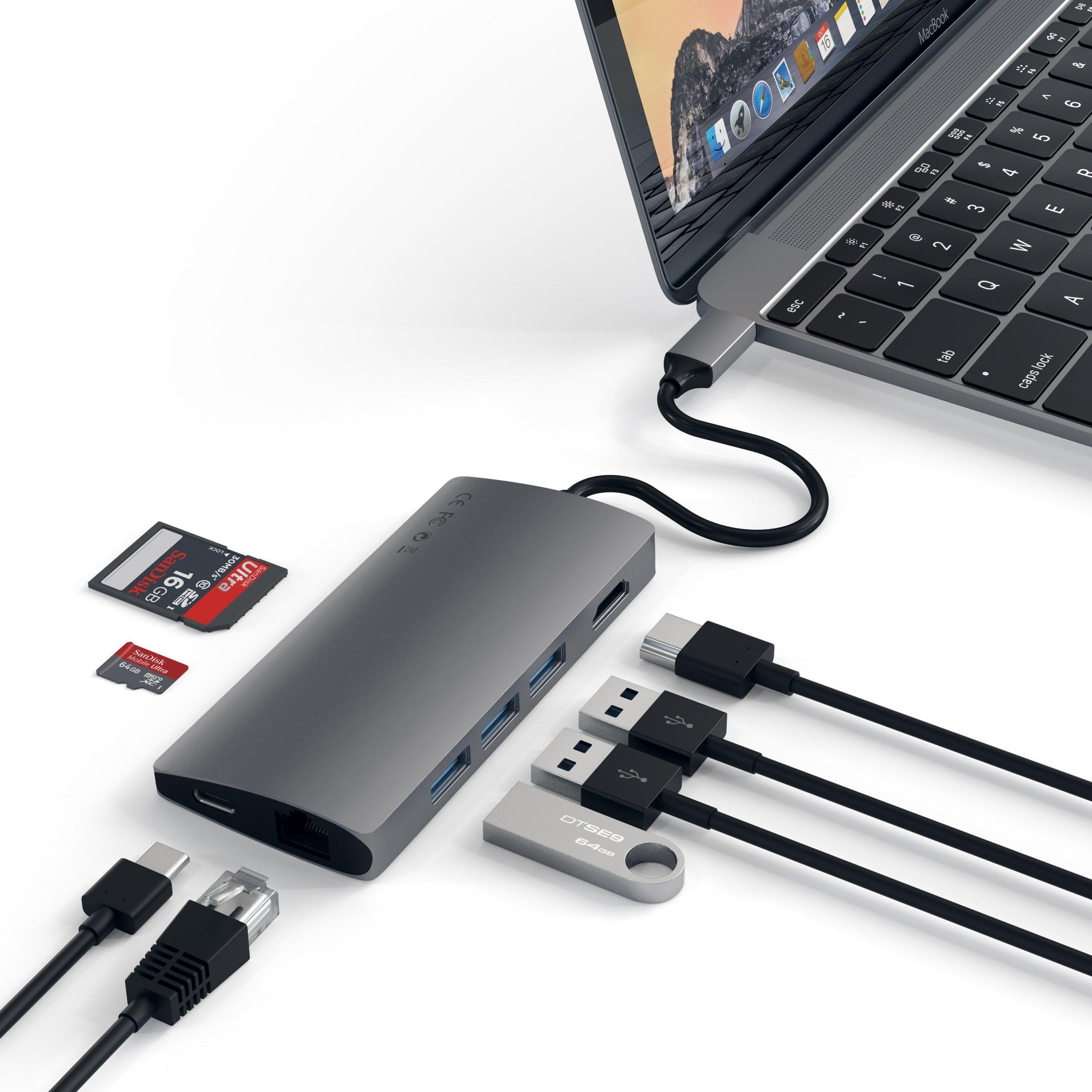 SATECHI  USB-C Adattatore Multiporta in alluminio V2 con Ethernet, funzione di ricarica, 4K HDMI, 3 porte USB-A e slot SD e Micro SD in design moderno 
