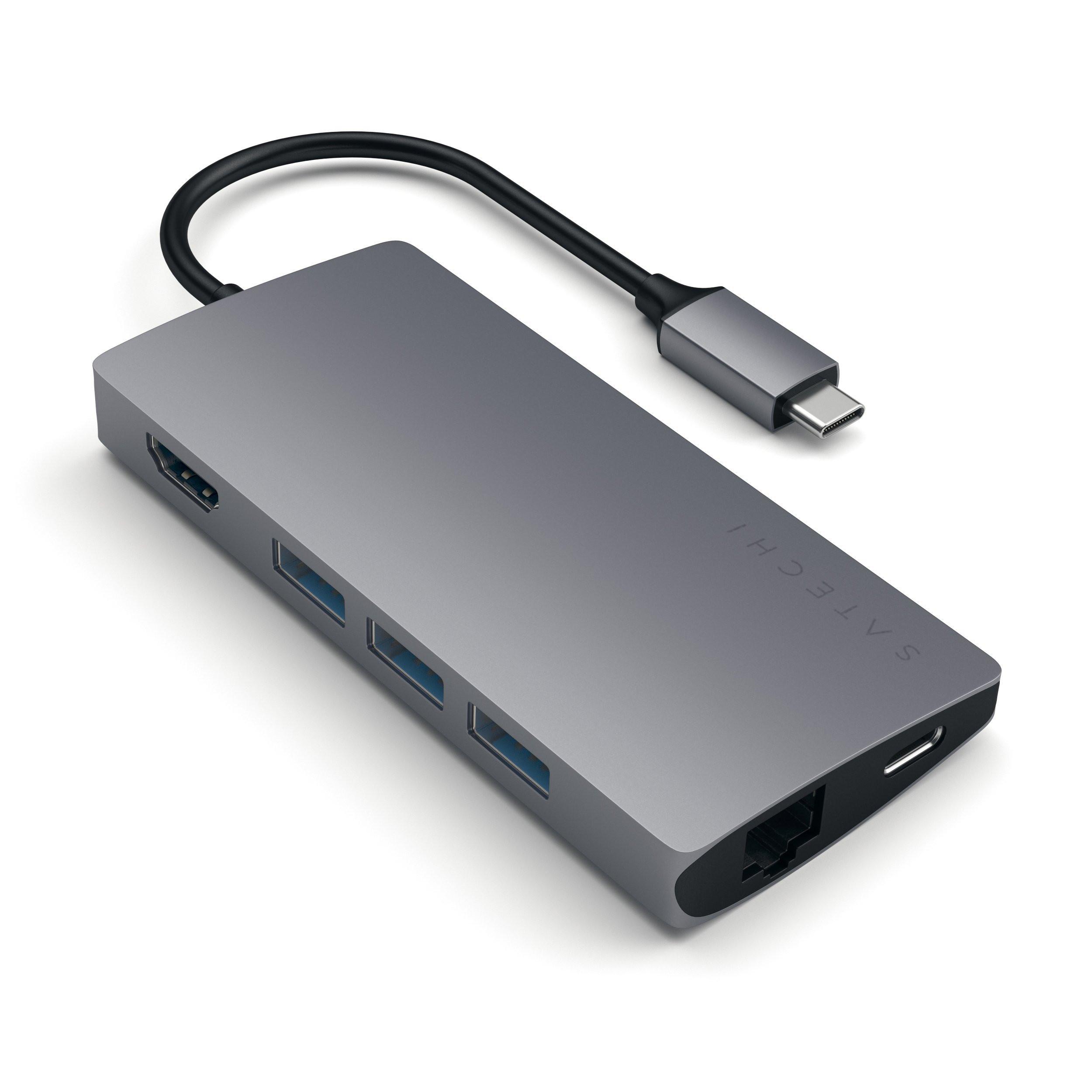 SATECHI  USB-C Adattatore Multiporta in alluminio V2 con Ethernet, funzione di ricarica, 4K HDMI, 3 porte USB-A e slot SD e Micro SD in design moderno 
