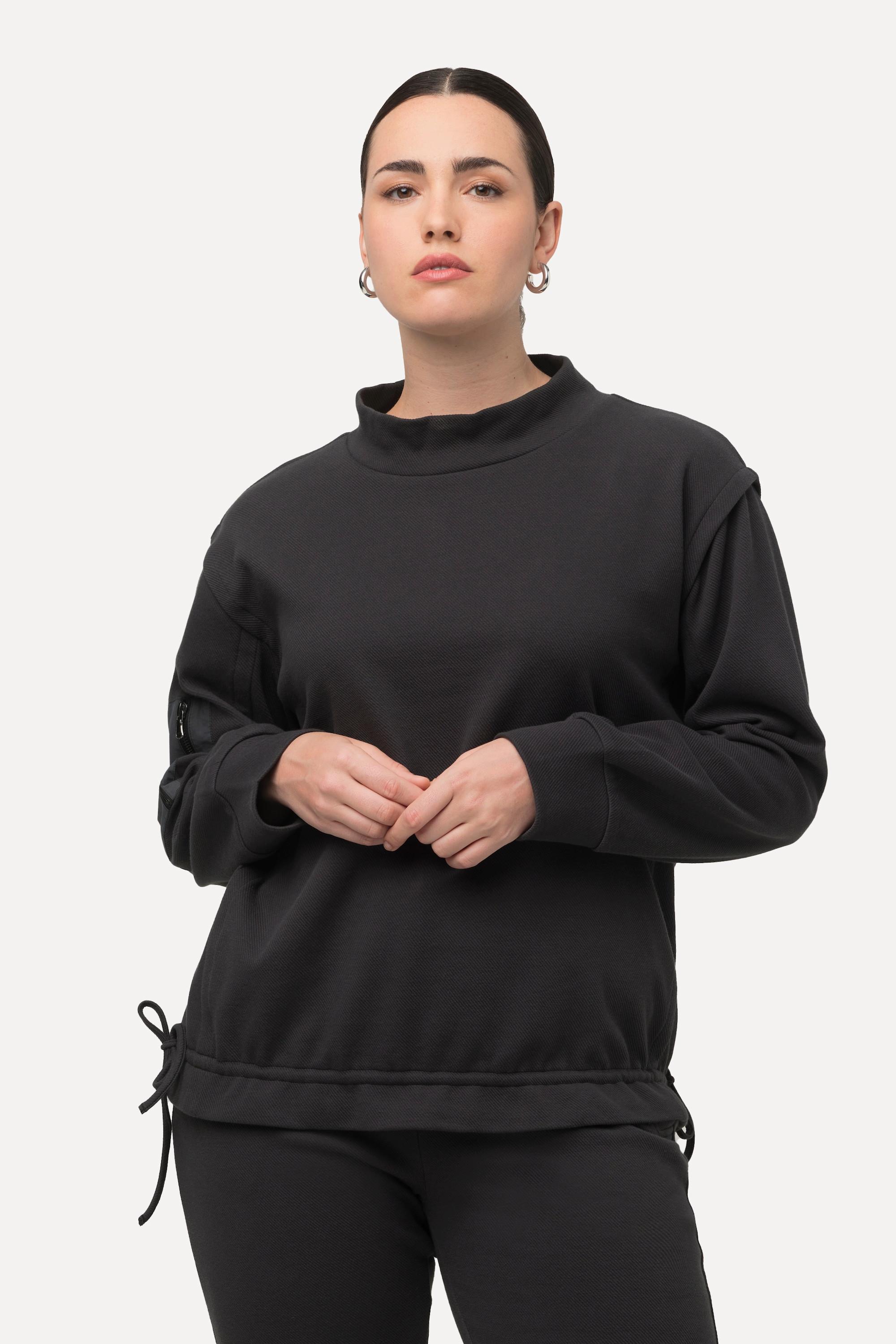 Ulla Popken  Sweat-shirt en maille côtelée, avec col montant et manches longues, ruban à la base 