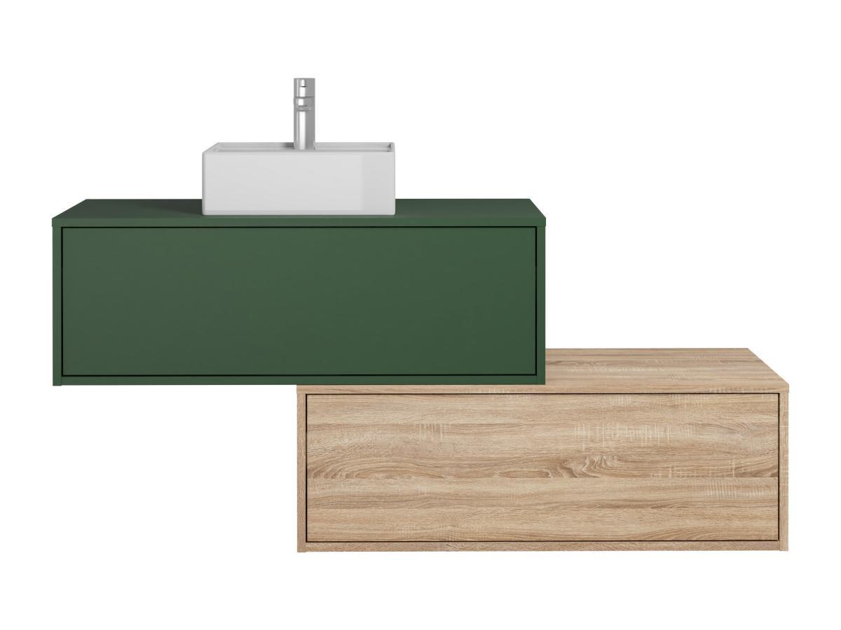 Vente-unique Mobile per bagno sospeso con lavabo singolo quadrato e due cassetti 94 cm Verde e Naturale chiaro - TEANA II  